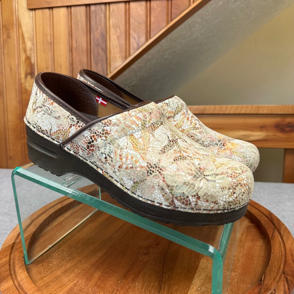 Sanita Professional Clogs Womens 39 Floral Lace Snakeskin Print Multi Brown Rare